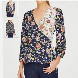 LOFT Mixed Print Floral Wrap Blouse Navy White Multicolor Medium Petite